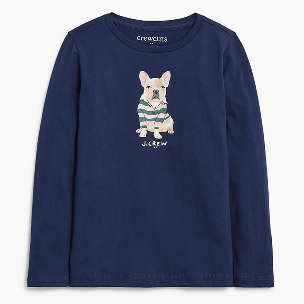 Crewcuts Top Girls S (4-6) Blue Crew Neck T-Shirt Dog Graphic Long Sleeve Cotton